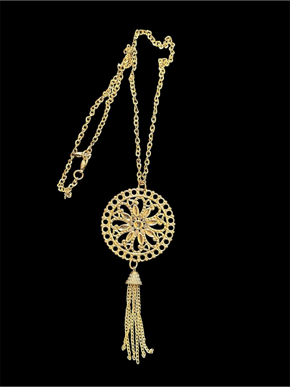 Vintage Gold Tone Filigree Pendant Necklace Tassel Chain Boho Statement
